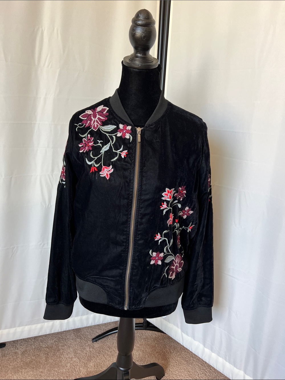 a.n.a Black velvet Bomber Jacket with Floral Embroidery